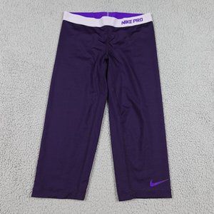 NIKE Pro Capri Leggings Womens Medium Purple Spellout Stretch Run Training